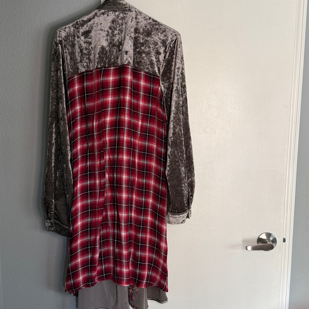 Gorgeous Andre’e By Unit Crushed Velvet Embroidered Plaid Duster Dress Lg - Picture 6 of 11